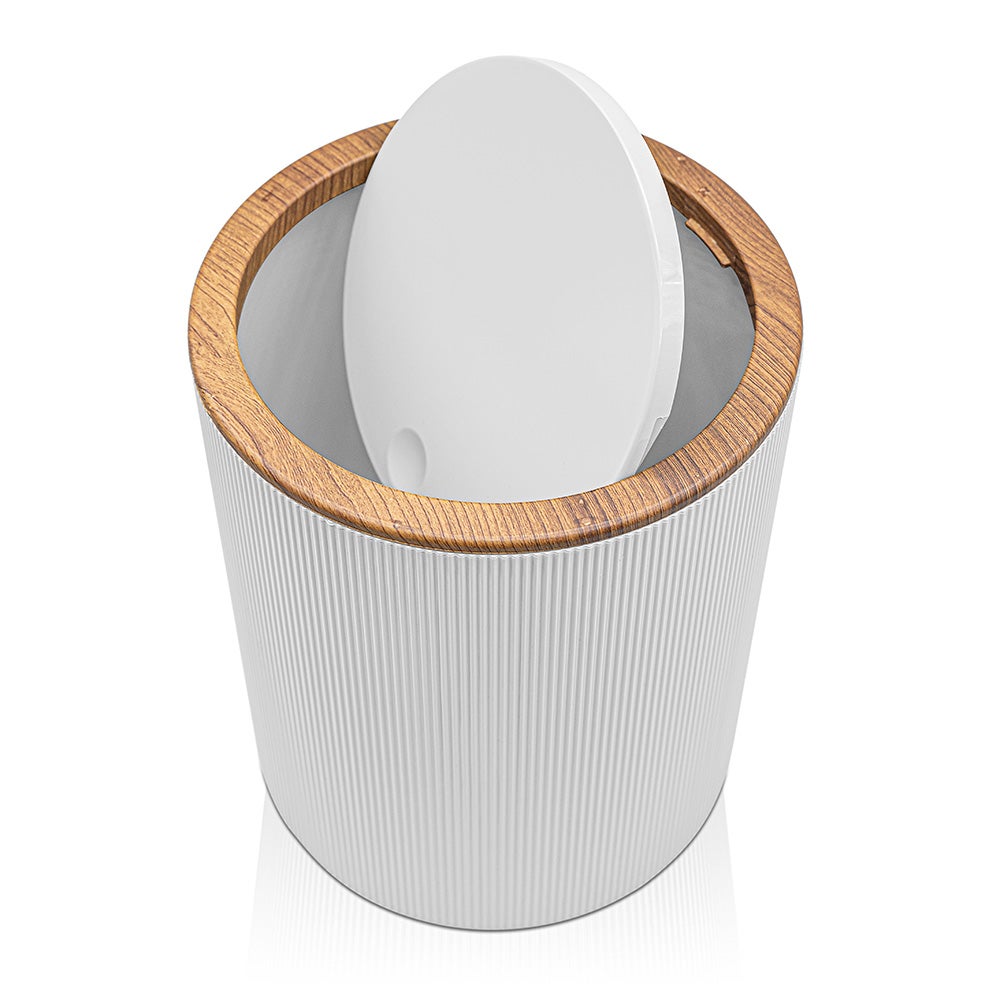 Poubelle 5lt Blanc couvercle basculant détails effet bois Blob - 2