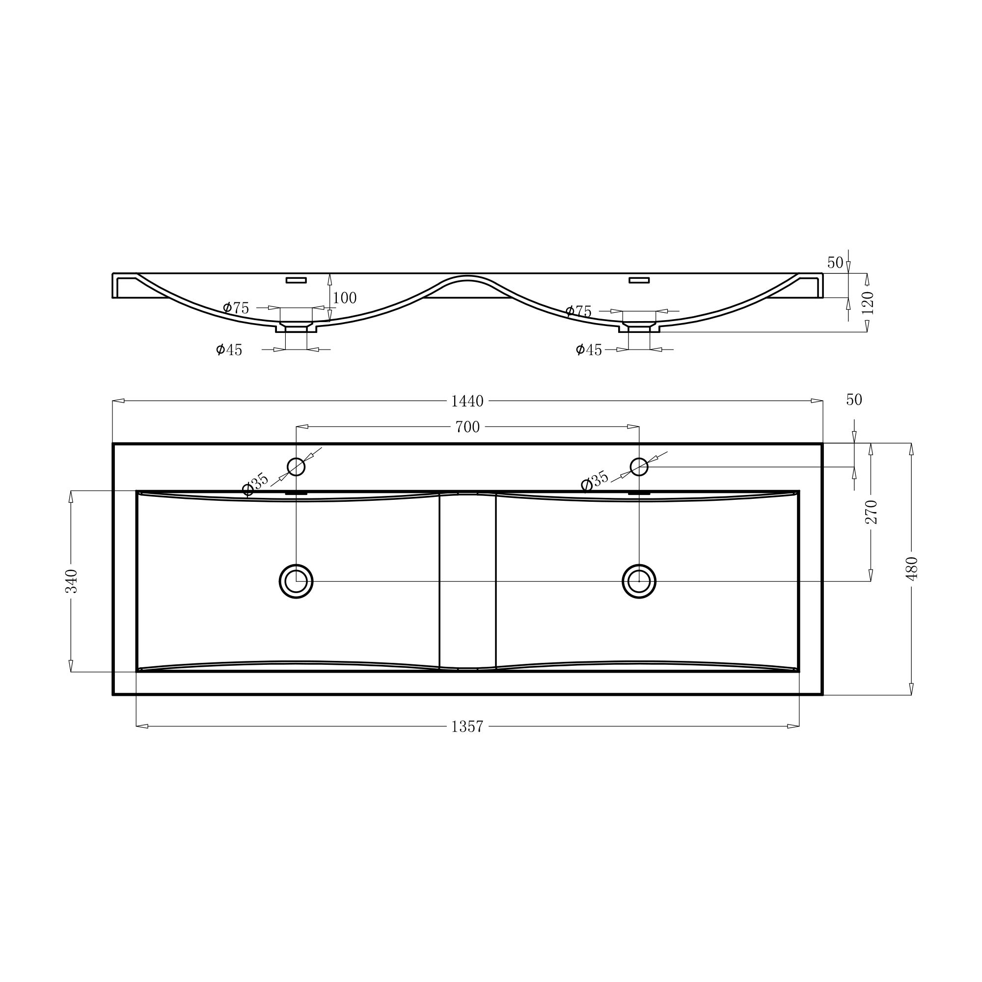 Double Lavabo, Lavabo à Encastrer, Vasque à Encastré, Lave-Mains, 144x48x12cm, Solid Surface, Colossum03 doporro - 9