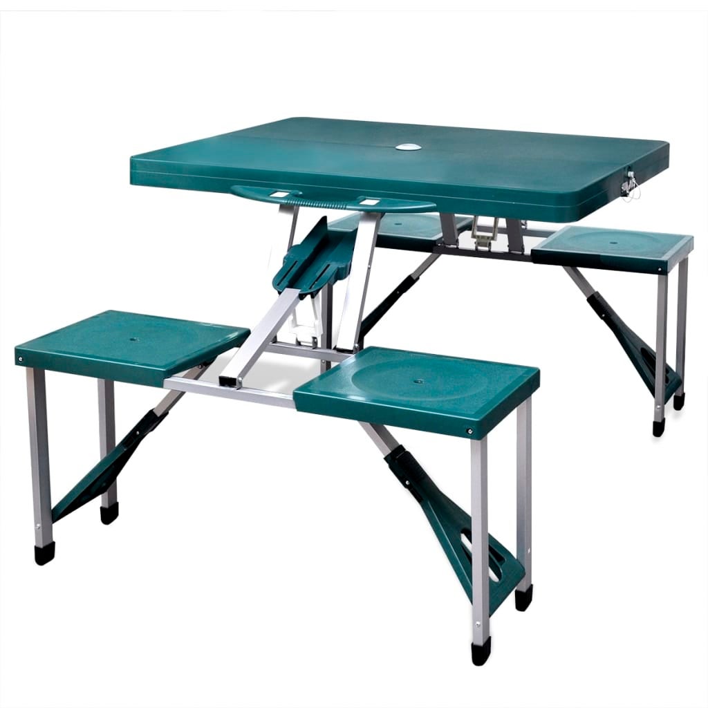 Set mesa plegable de camping y 4 taburetes aluminio verde claro