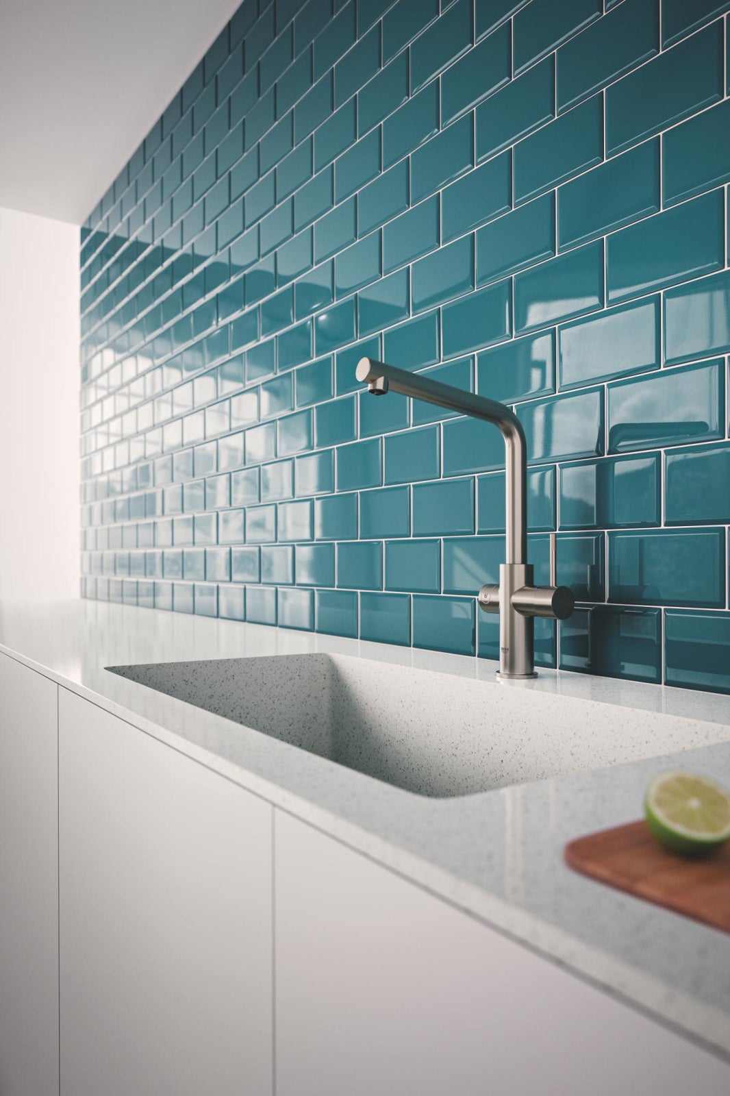 Baterie bucatarie Grohe 101068DC01, Blue Home, inalta, tip L, pentru racitor Blue Home, mat, otel satinat