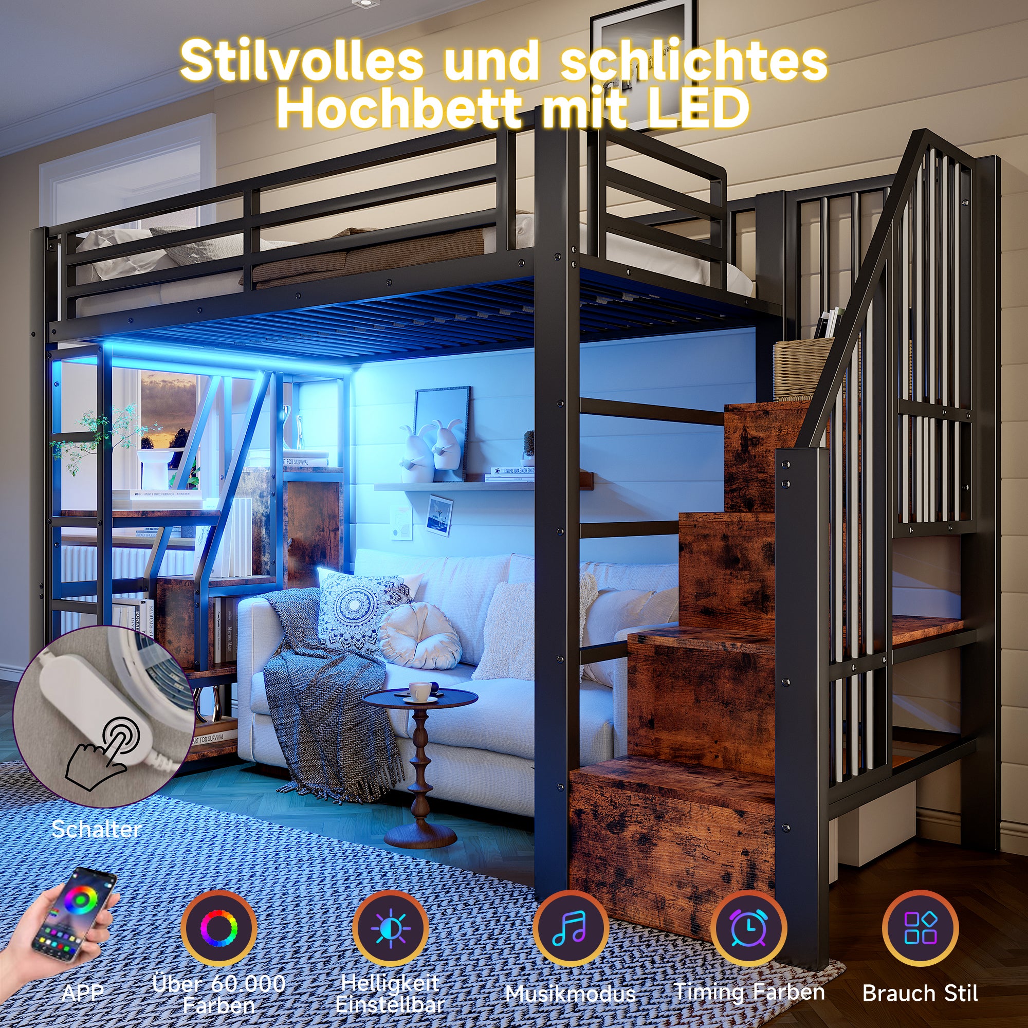 Lit mezzanine en métal 90x200 cm avec LED intégrée,lit surélevé avec rangements et étagères,escalier sécurisé,structure robuste style industriel,Noir - 6