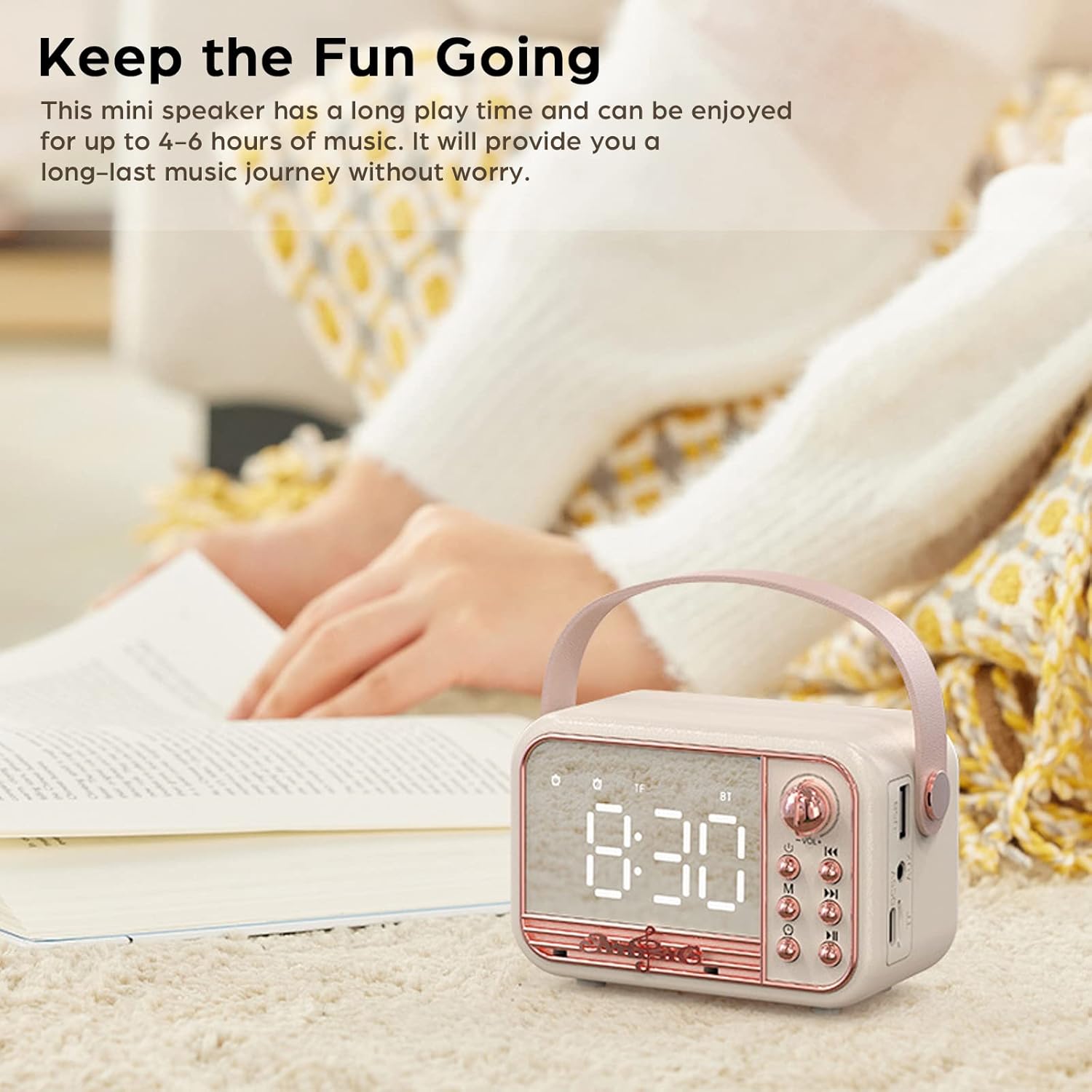 Enceinte Bluetooth portable sans fil avec réveil, volume élevé, prise en charge de la carte TF, disque USB et AUX (blanc cassé) - 6