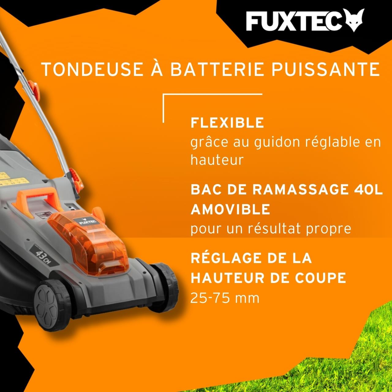 Tondeuse à Gazon Sans Fil 40V FUXTEC FX-E2RM43 – Largeur 43 cm, 2 Batteries 4Ah, Double Chargeur, Bac 40L - 5