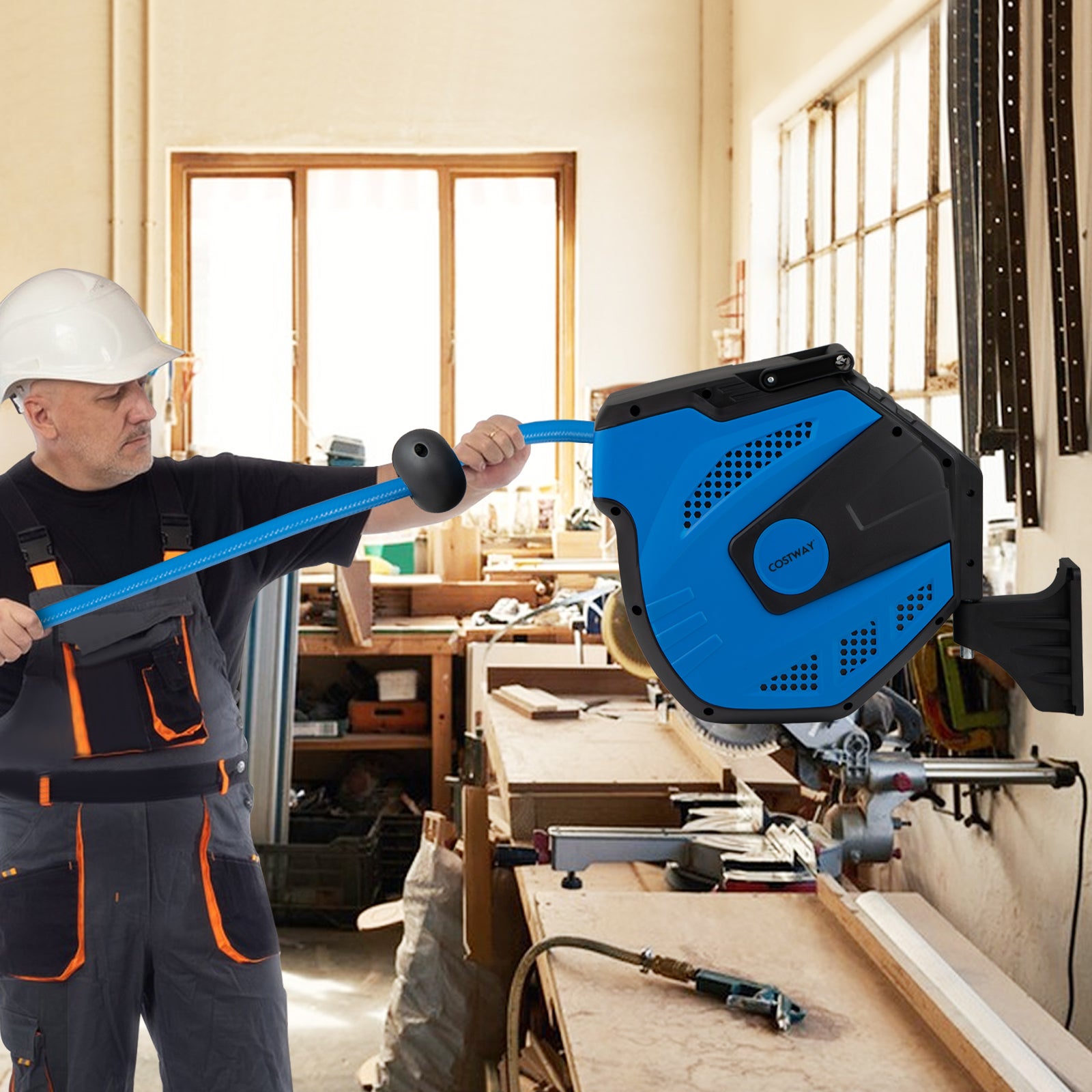 Rulou retractabil pentru furtun de aer, furtun de aer hibrid de 15 m cu furtun de racord de 1,5 m, maxim 300 PSI, suport pivotant la 180°