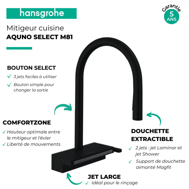 Rubinetto cucina con doccetta HANSGROHE Aquno Select M81 170 nero opaco 3 getti + detergente Briochin - 3