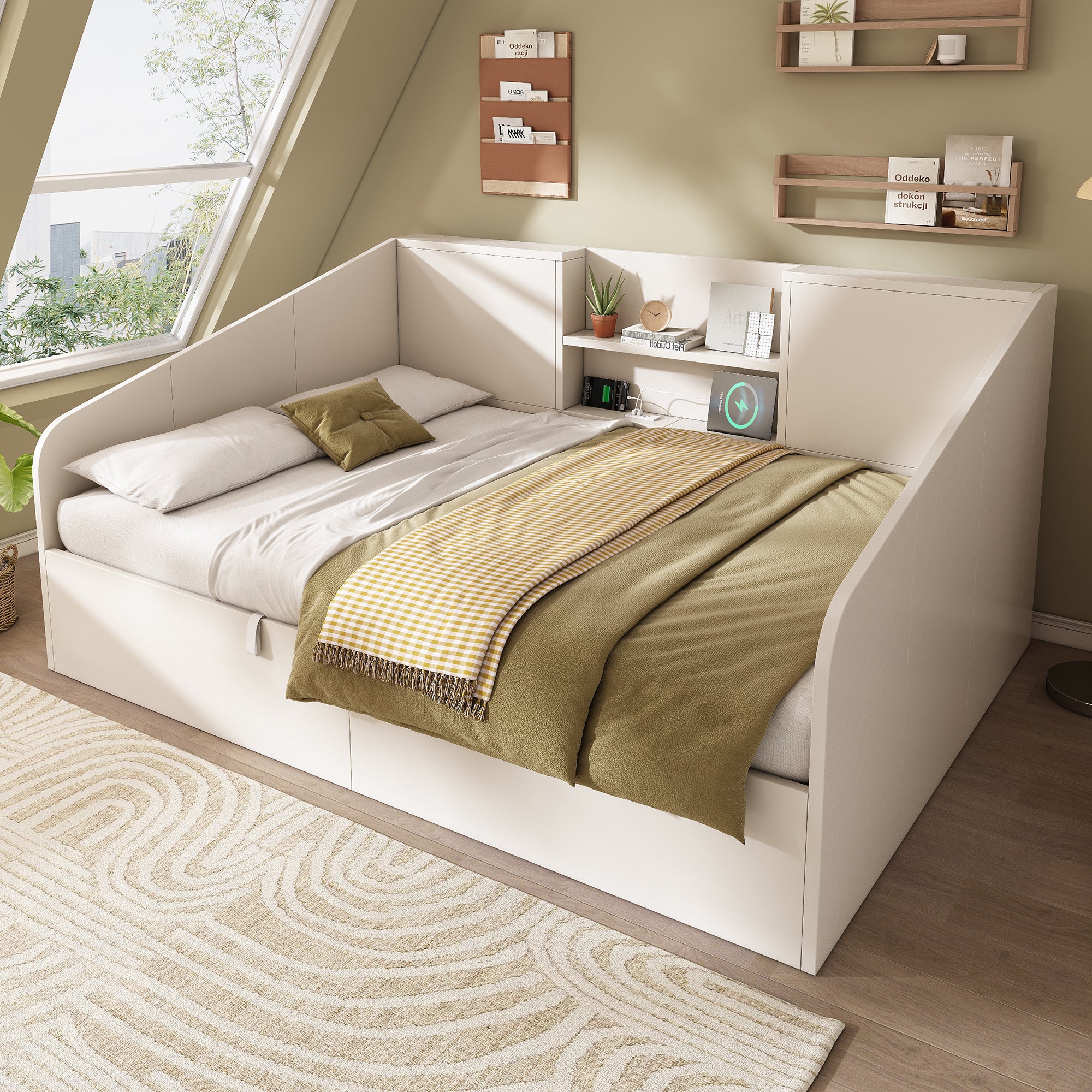 Sofa rozkładana z pojemnikiem 140x190 cm - z USB/typu C - z 2 półkami - płyta MDF + lite drewno - biała (bez materaca) - 2