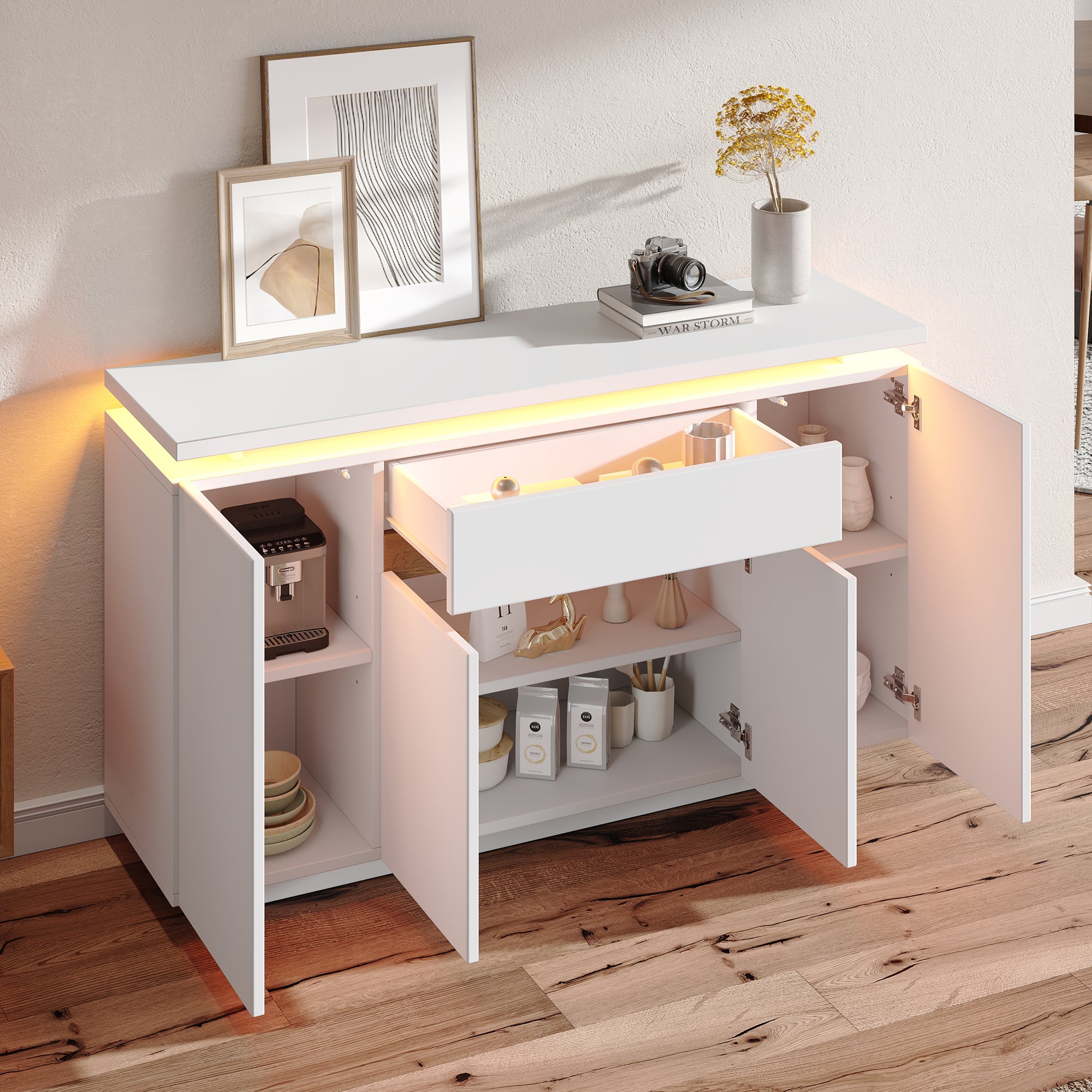 Stilvora  Aparador Con Iluminación Led Y 1 Cajón, 140 X 40 X 80 Cm, Tablero De Partículas, Blanco , Leroy Merlin