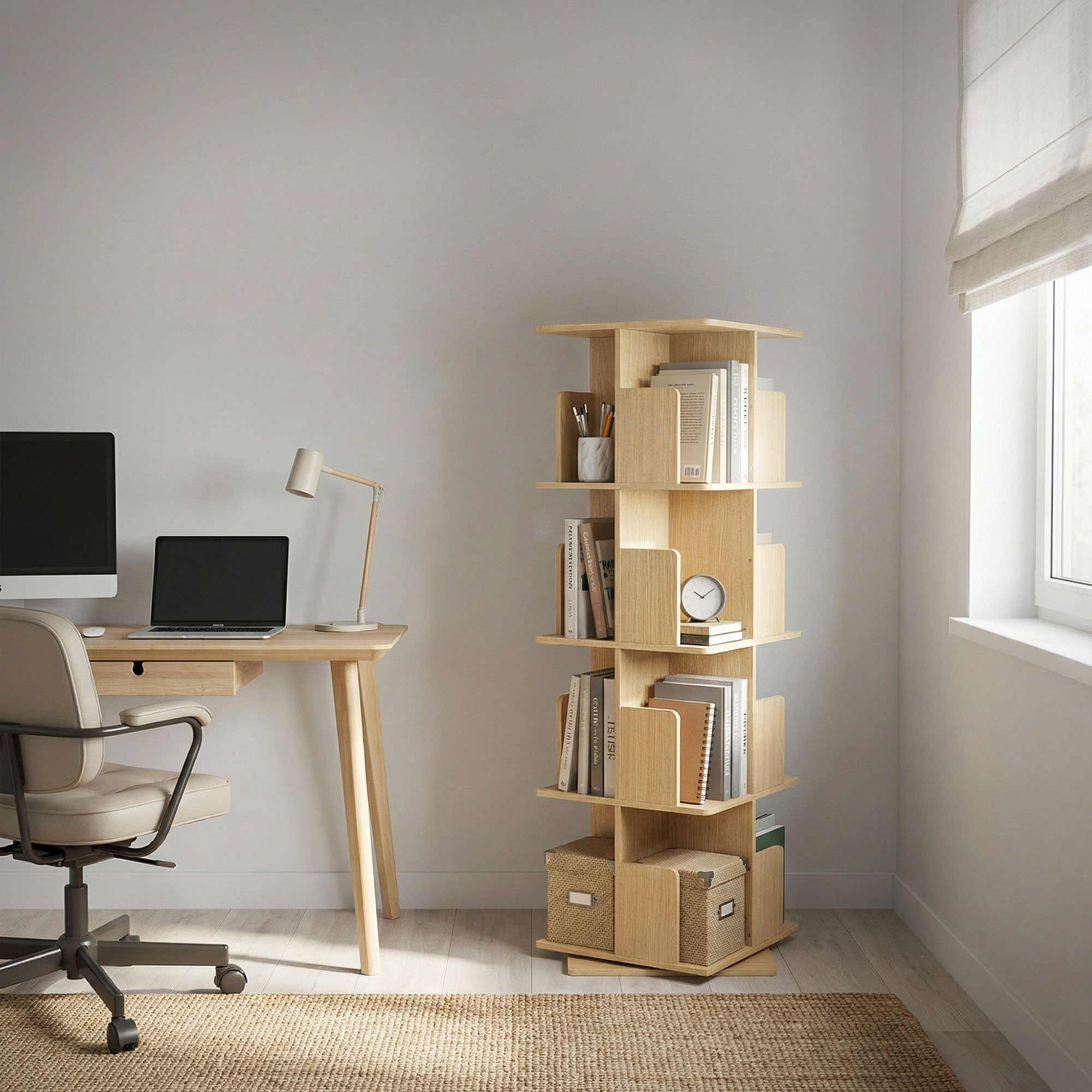 ML-Design Scaffale Effetto Legno Quercia 40x124,5x40 cm Libreria Girevole a 360° in Legno Torre Salvaspazio 4 Ripiani e 16 Scomparti Multiuso per casa - 8