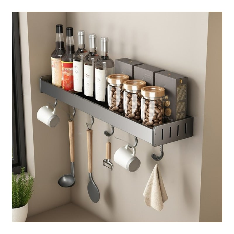 Półka kuchenna bez gwoździ Aluminiowa półka ścienna na przyprawy z haczykami Ciemnoszara 50*13,8*5,5 cm