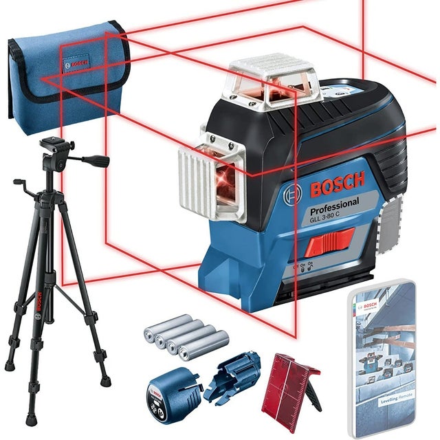 Bosch Professional - Niveau laser lignes rouges GLL 3-80 C Professional + trépied BT 150 + platine + adaptateur de piles + poche + piles - 0601063R01