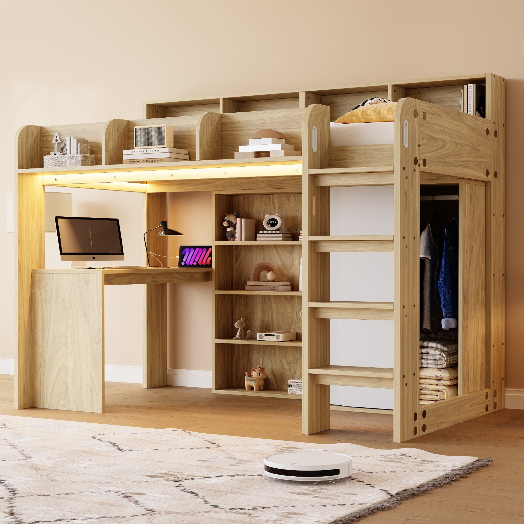 Lit mezzanine 90 × 200 cm, avec bureau et placard de rangement ...