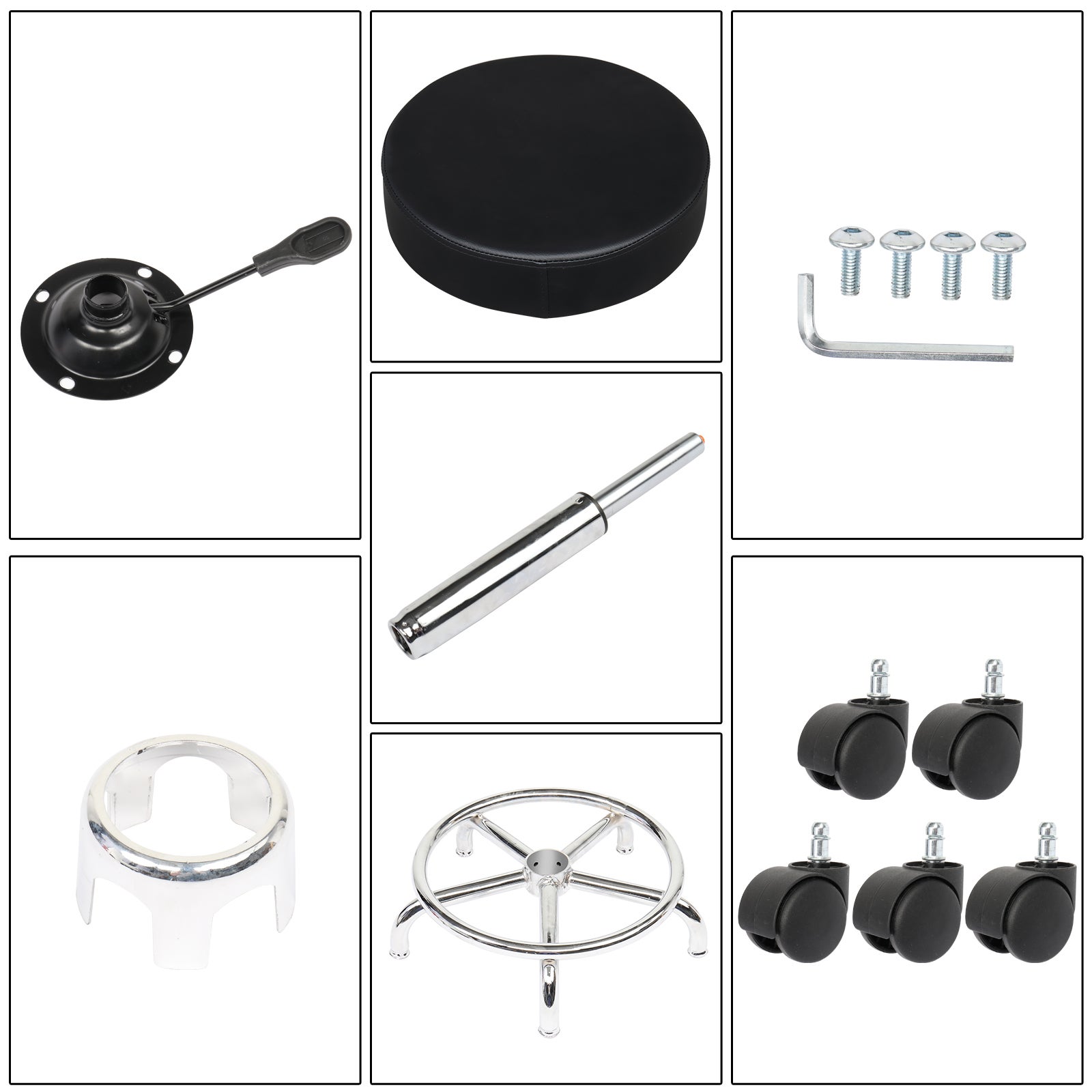 Siège Rond Noir en Simili Cuir Semi-PU avec Vérin à Gaz Certifié SGS, Coussin Épais de 8cm en Mousse Moulée, Roulettes en Nylon, Capacité de 150kg - 5