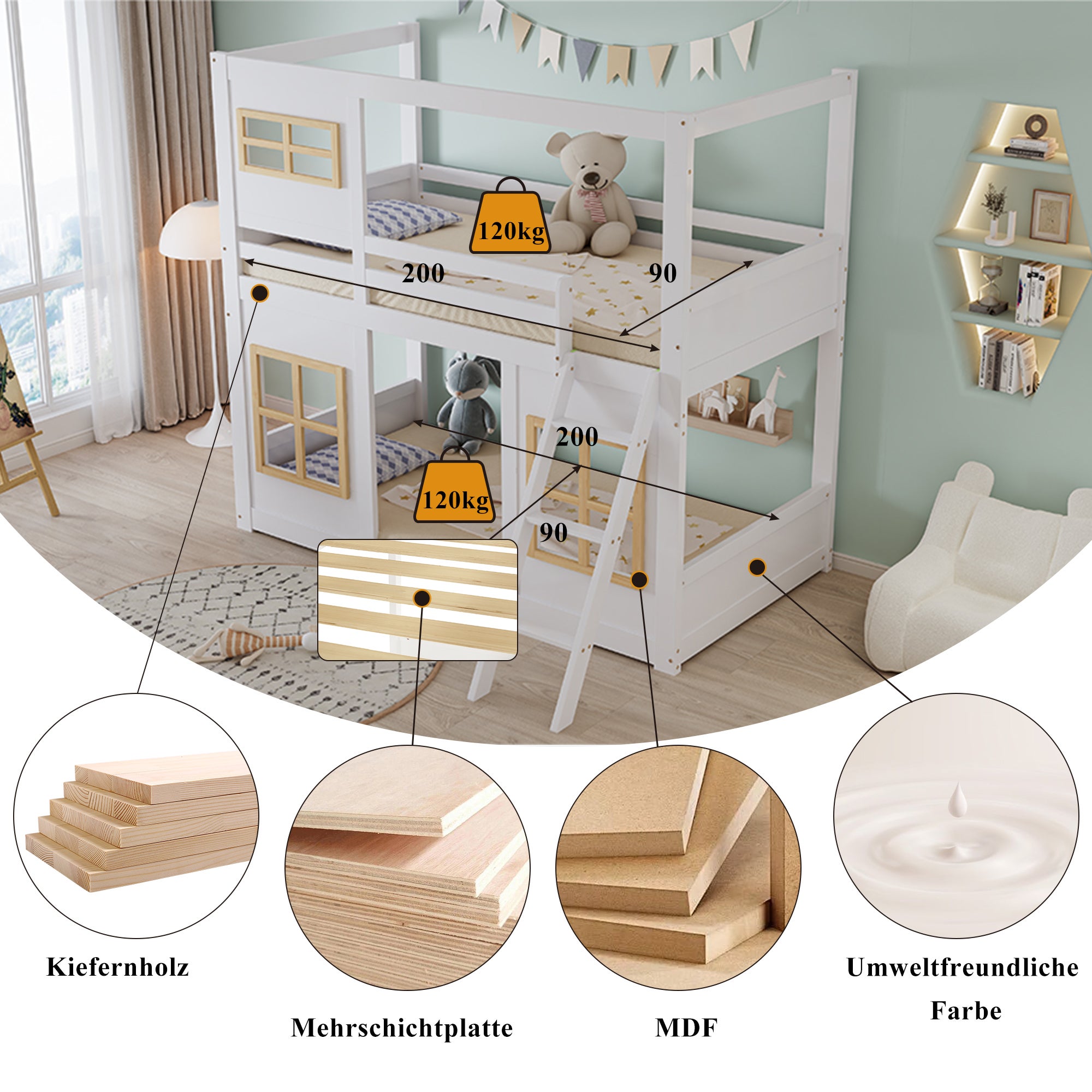 Lit superposé 90x200cm, lit mezzanine Enfant avec fenêtre, escabeau, en bois, avec clôture à quatre côtés, sans matelas, blanc et naturel - 4