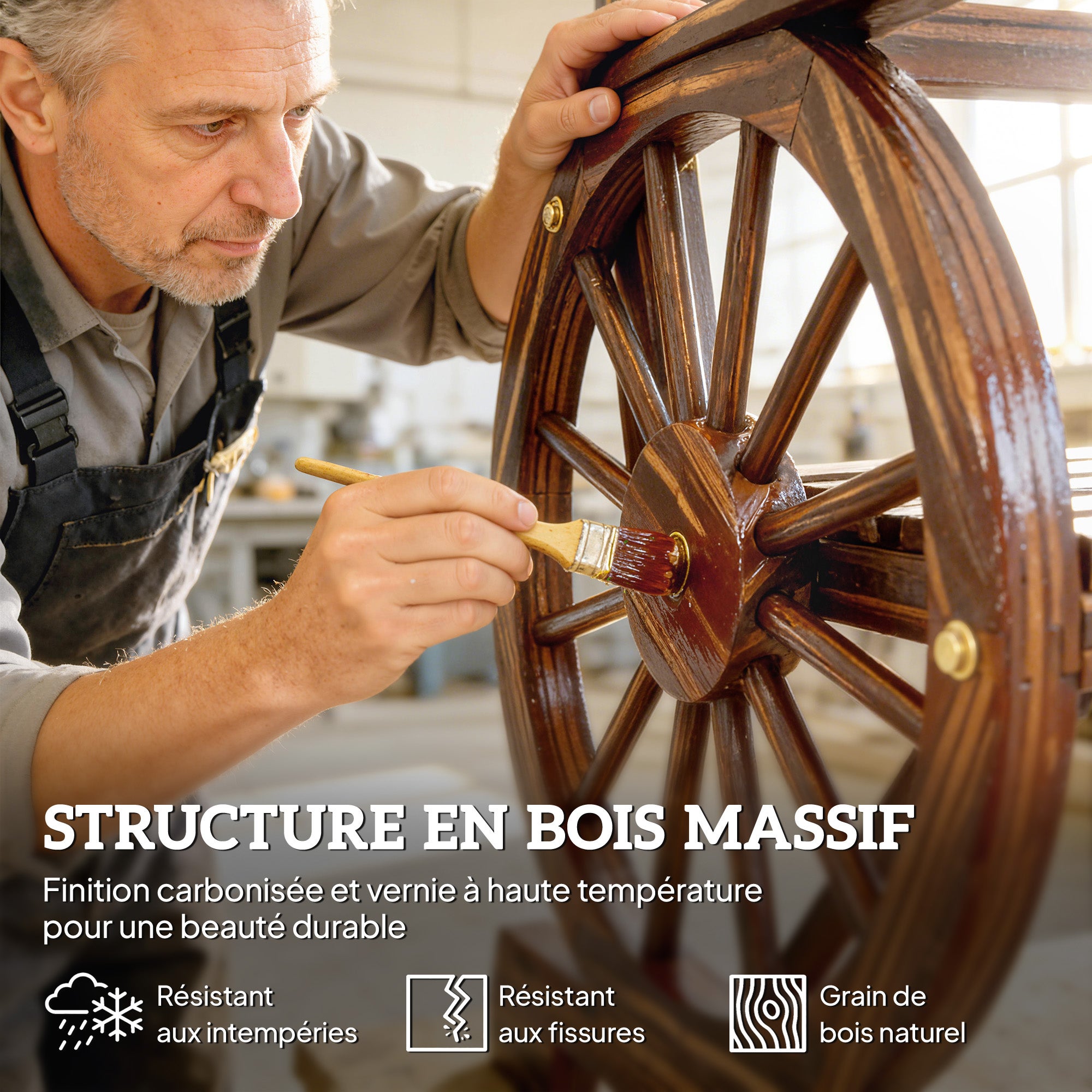 Chaise de jardin en bois, style roue de chariot, assise large à lattes, dossier incliné, 66 x 55 x 90 cm, finition carbonisée - 8