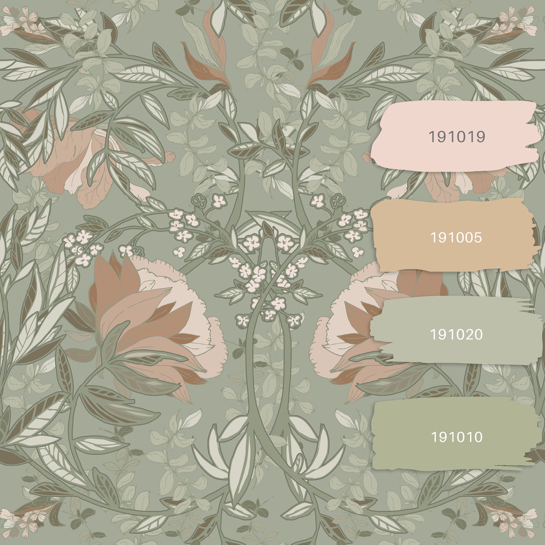 Papier peint fleurs vintage de style art nouveau vert grisé et vieux rose - 53 cm x 10.05 m - ESTAhome - 5