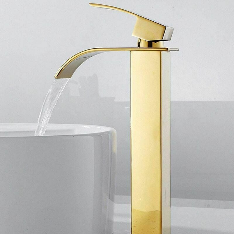 Robinet salle de bain lavabo haut cascade bec pour vasque,Mitigeur eau froide et chau moderne carré chromé trou simple (Doré) - 2