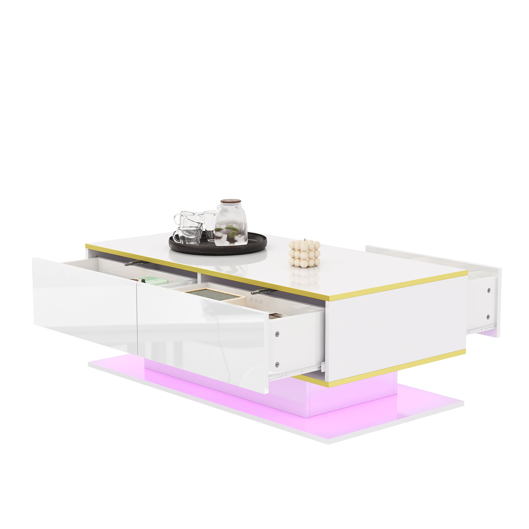 Nowoczesny stolik kawowy z połyskiem 100 x 50 x 40 cm - Oświetlenie LED - 3 szuflady i otwarte półki - Złote wykończenia - Biało-złoty - 2