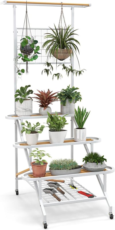 Metalowy stojak na rośliny, regał na rośliny, stojak na kwiaty z pergolą i 3 półkami i drążkiem wiszącym, na balkon, taras, 80 x 85 x 175 cm,