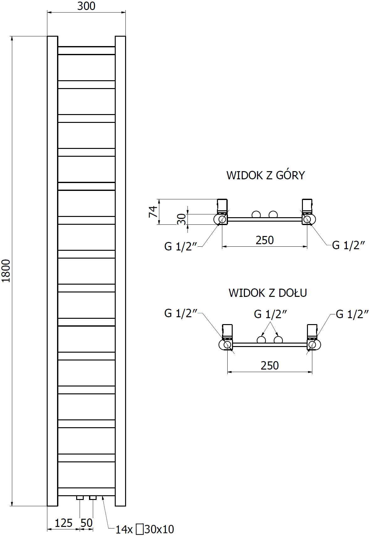 Mexen Bolt grzejnik łazienkowy 1800 x 300 mm, 351 W, antracyt - W126-1800-300-00-66