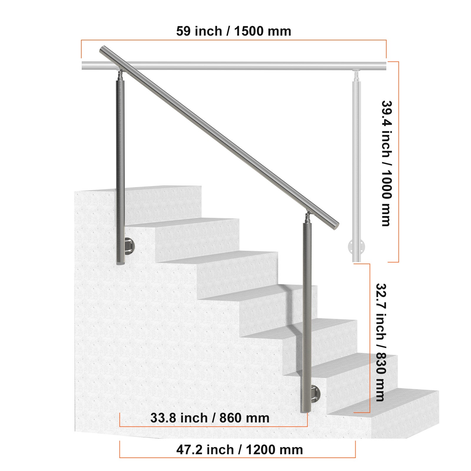Corrimano Per Scale Esterne VEVOR - Lunghezza 150 Cm, In Acciaio Inox, Regolabile 0-45°, Per Anziani, Veranda