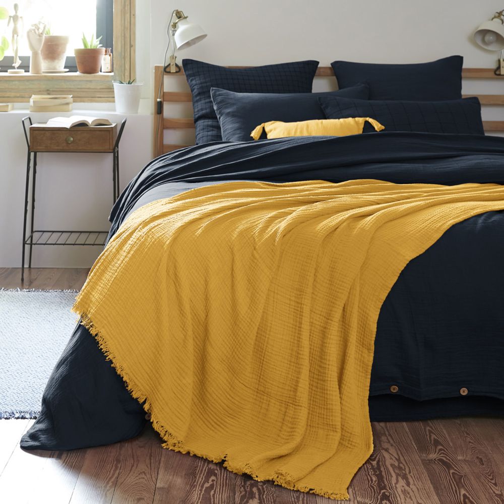 Plaid à franges 130x160 cm Gaze de coton Safran - 3