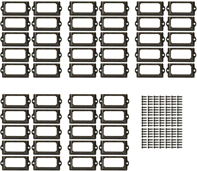 Lot De 30 Porte-Étiquettes Métal Rétro Vintage – Cadres Pour Tiroirs, Meubles, Armoires Avec Vis (46 X 21 Mm)