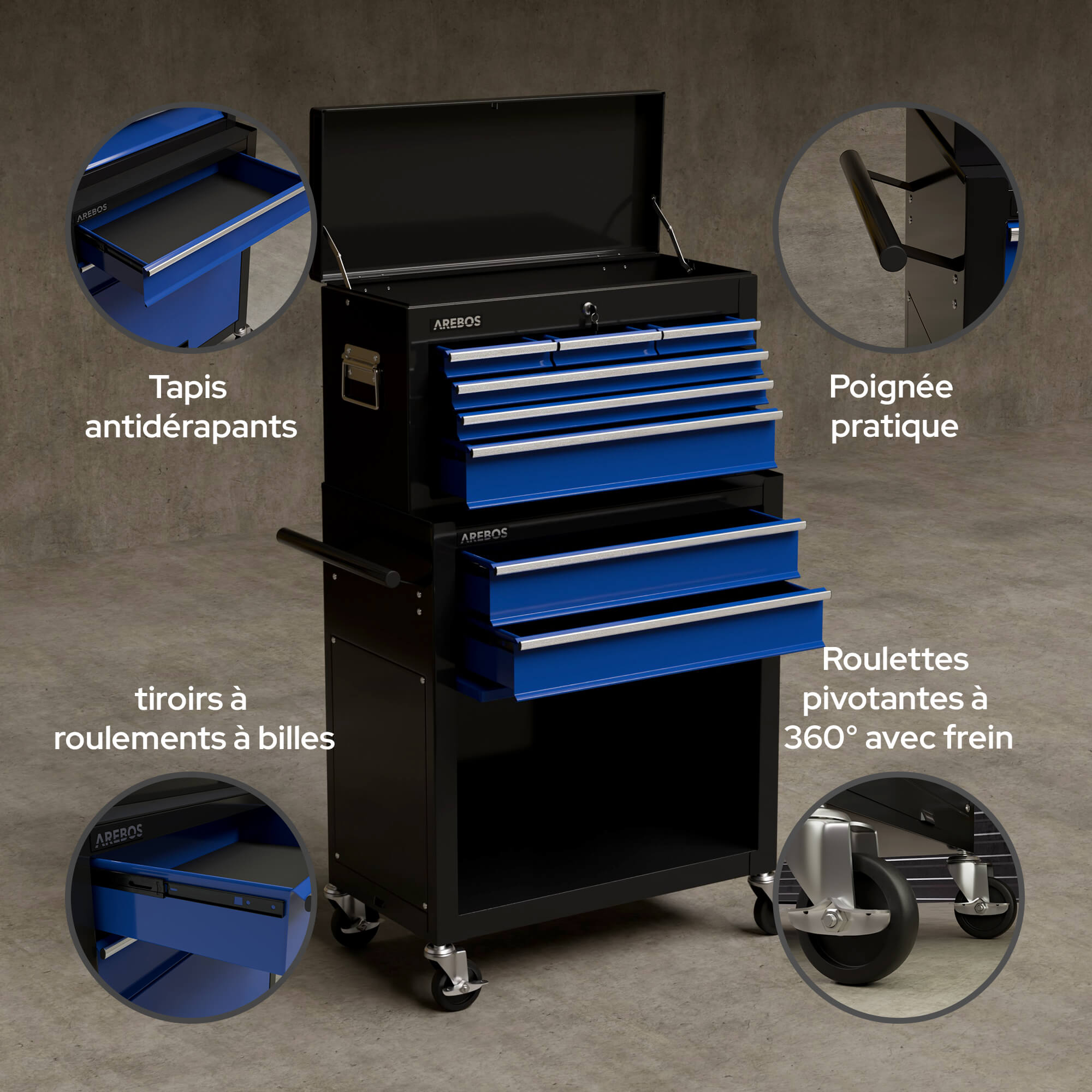 AREBOS Servante d'atelier à 9 tiroirs Chariot Caisse à Outils Amovible Noir-Bleu 33 x 61.5 x 108 - 6