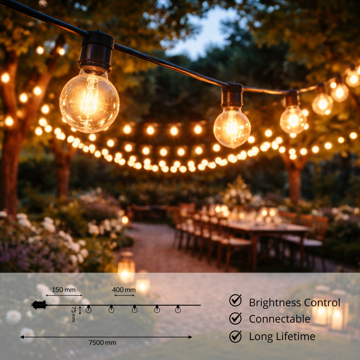 LEDUNI Catena Luminosa LED 25 Lampadine 10W 2700K 7,5 m IP44 Adatta per Giardino - 5