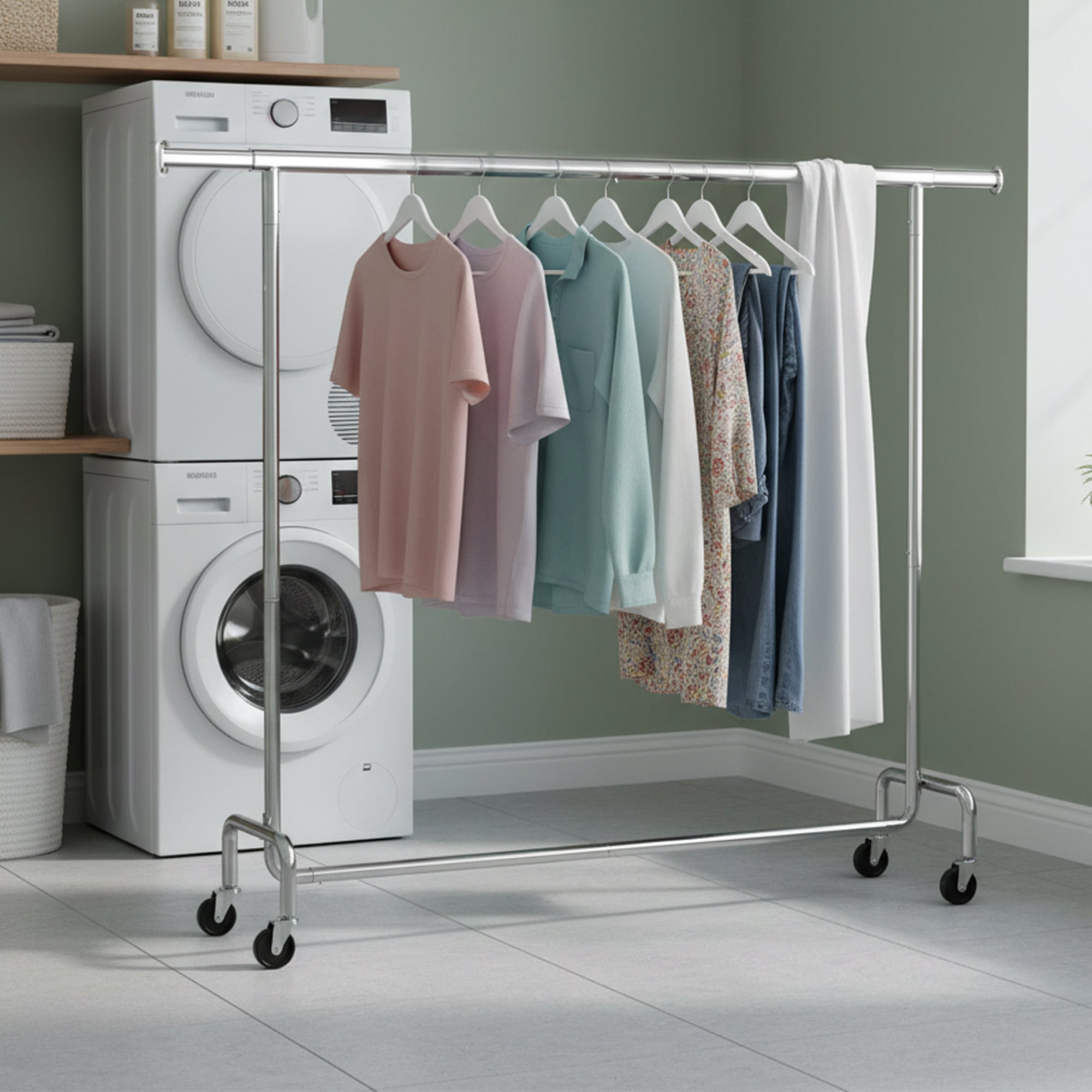 Portant à vêtements sur roulettes, tringle extensible, charge maximale 110 kg, argent - 2