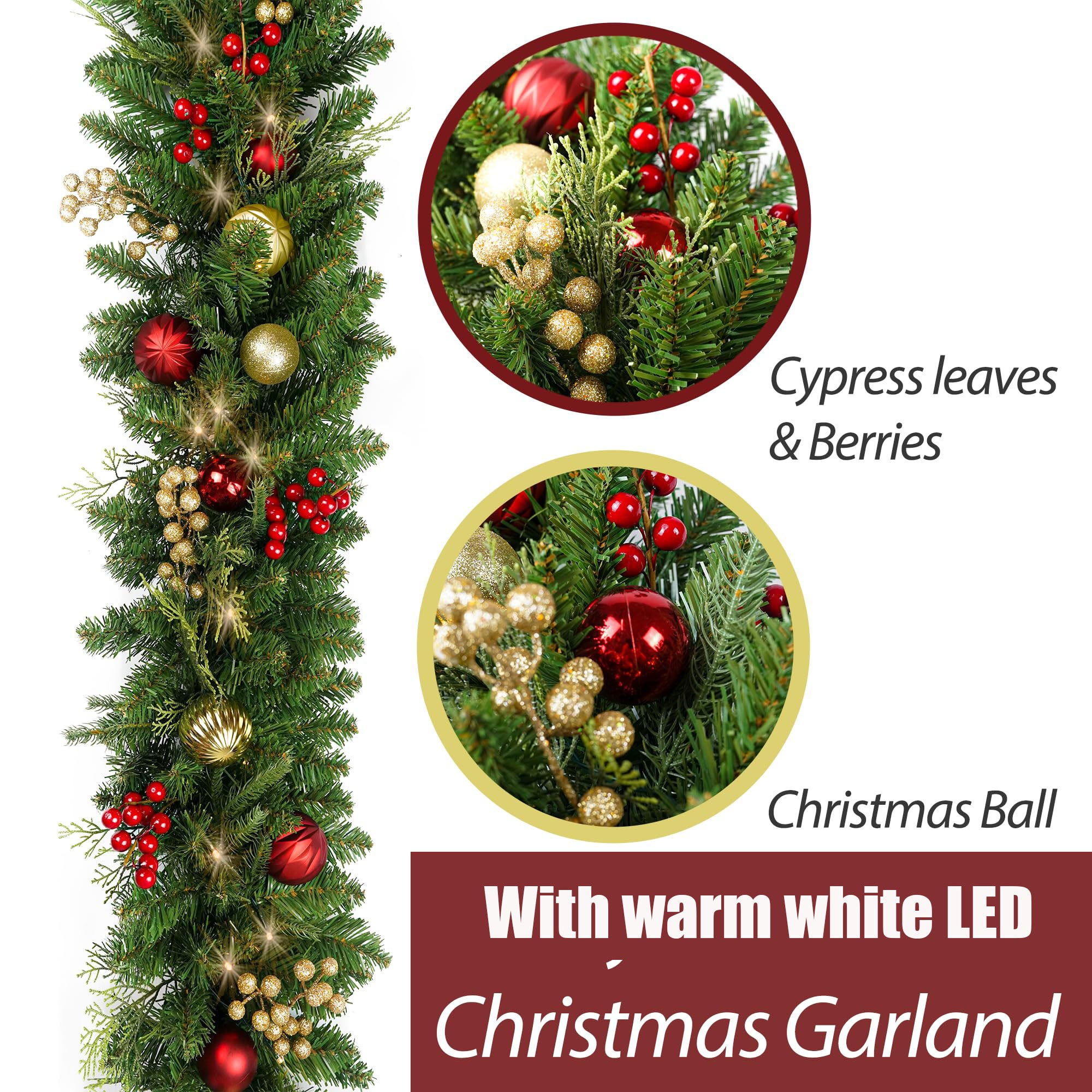 Couronne de Noël à LED de 2,7 m avec lumières LED, baies de pin rouge, boules de Noël, couronne de Noël pré-enfilée, lumière chaude, pour manteaux - 2