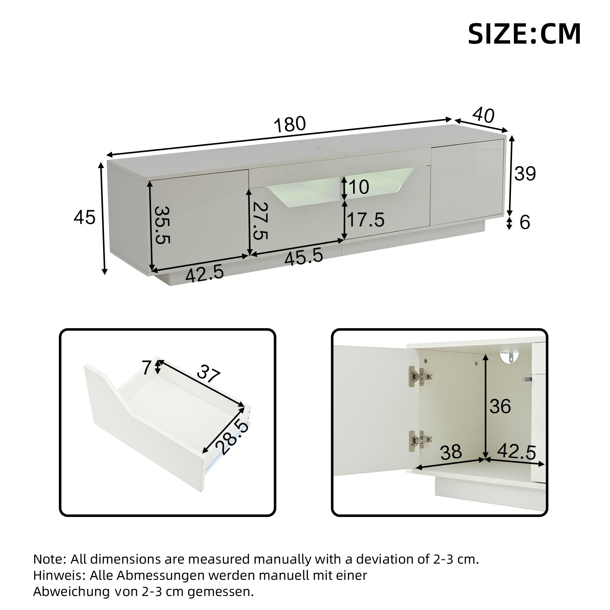 Meuble TV brillant 180x40x45 cm - avec éclairage LED - 2 tiroirs et 2 portes - Compatible avec téléviseurs 75 pouces - Blanc - 5