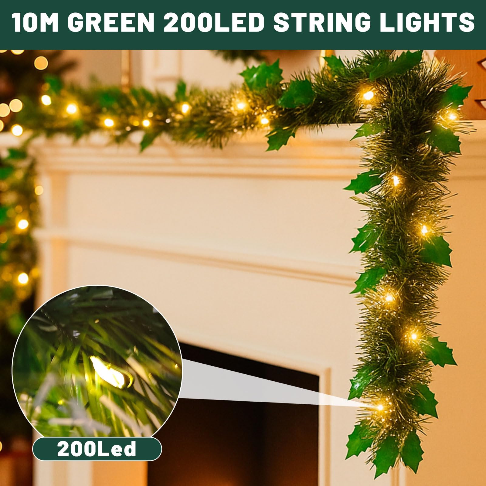 Guirlanda de Natal Artificial de 10 m com Luzes de LED, Cordão de Luzes de Natal de 10 m com 100 LEDs, 8 Modos, Luz Quente (C) - 4