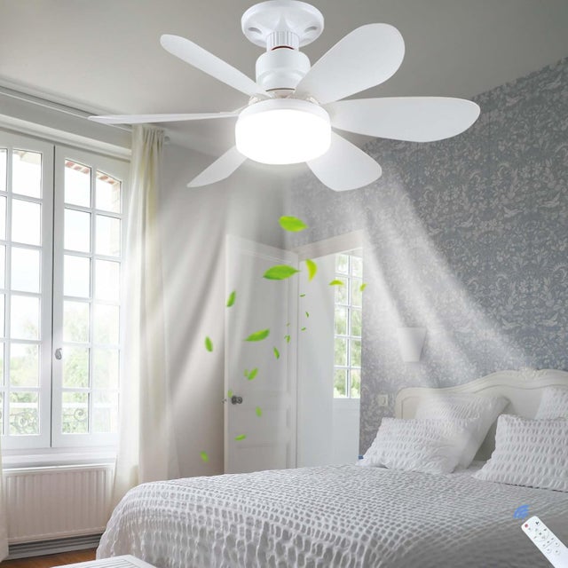 Ventilateur De Plafond Lumiere Avec Telecommande Silencieux Plafonnier Ventilateur De Plafond Port E27 Dimmable Ventilateur Lumineux,52CM,blanc