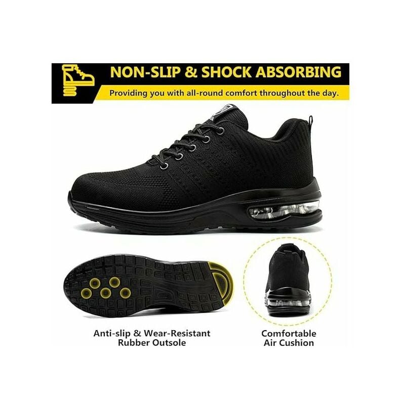 Chaussures de Securité Hommes Femmes Legere Basket de Securite Respirante Confortable Chaussure de Travail avec Embout en Acier Noir Taille 45 - 3