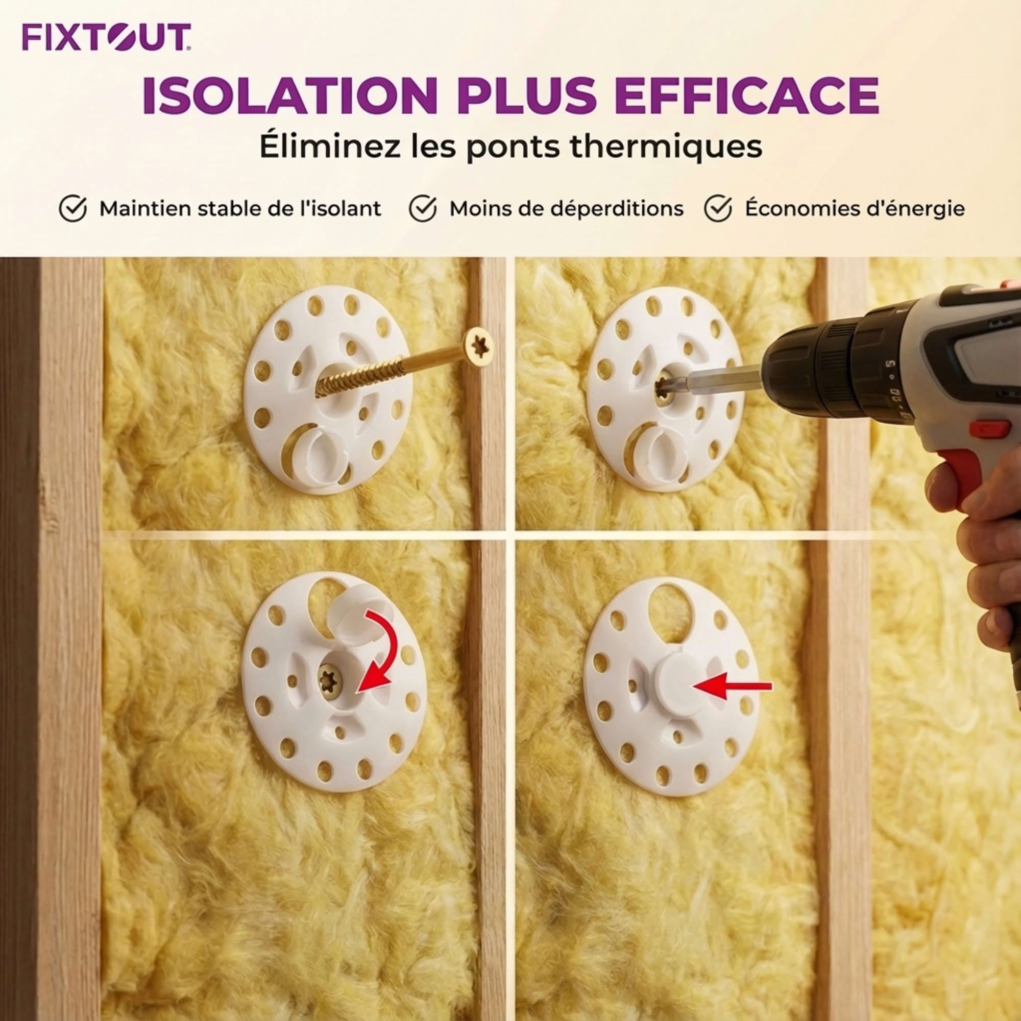 100 Rondelles d'isolation D.60 mm + Vis à bois Torx double filetage - Longueur 100 mm - 5
