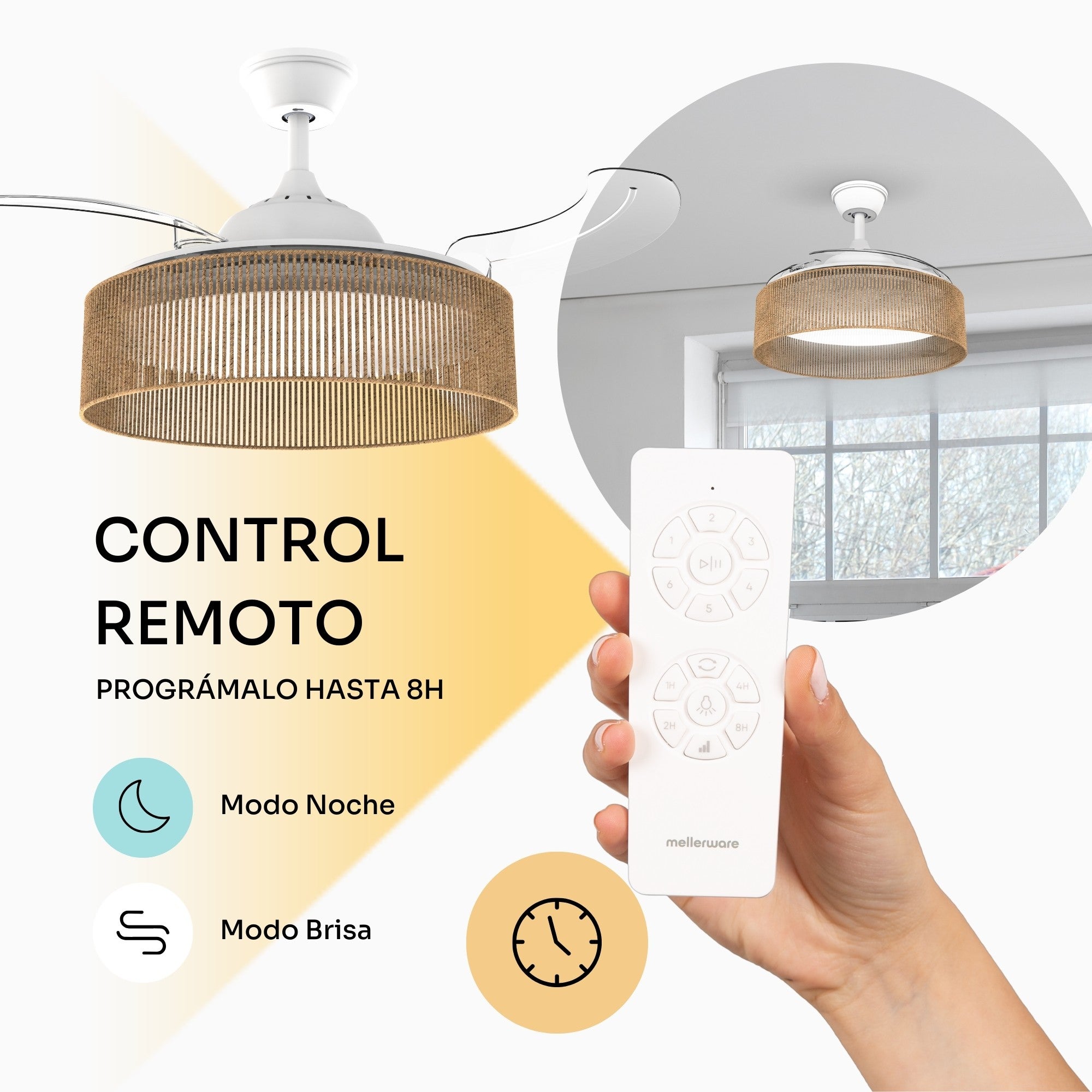 Mellerware - Ventilateur de plafond Brizy Bright Rattan | 40W | 6 vitesses | 3 pales Ø106 cm | Ultra silencieux | Fonction été/hiver | LED - 6