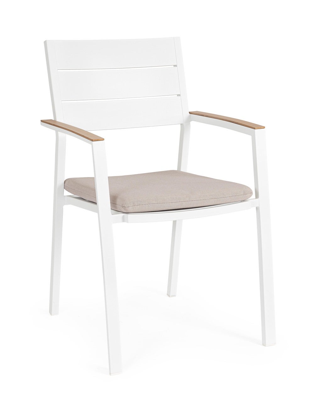 Krzesło aluminiowe "ZELMAR" białe z podłokietnikami i poduszką, z podłokietnikami imitującymi drewno, do ogrodów i werand