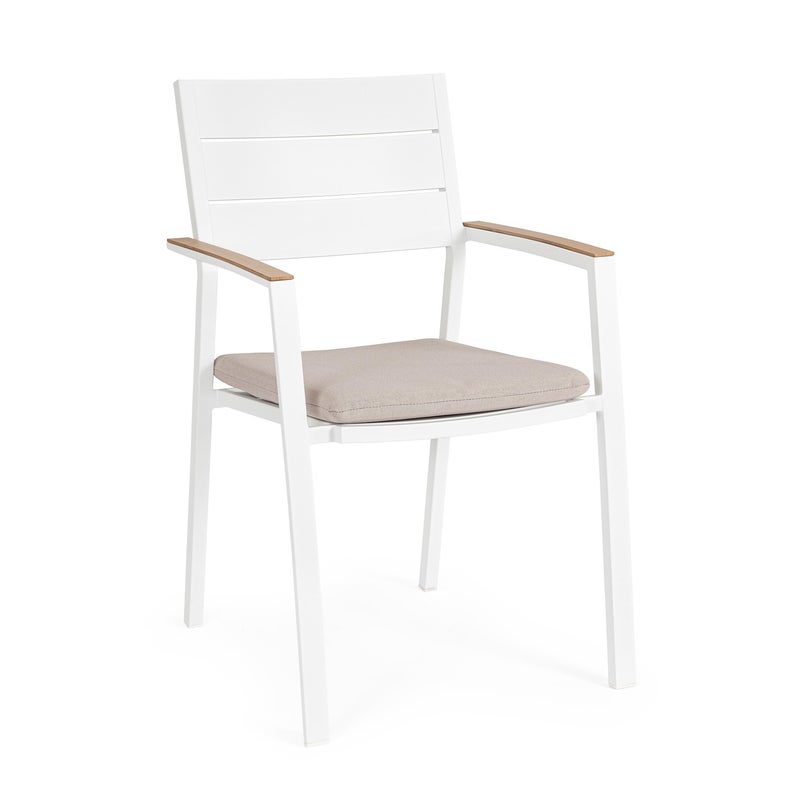 Krzesło aluminiowe "ZELMAR" białe z podłokietnikami i poduszką, z podłokietnikami imitującymi drewno, do ogrodów i werand