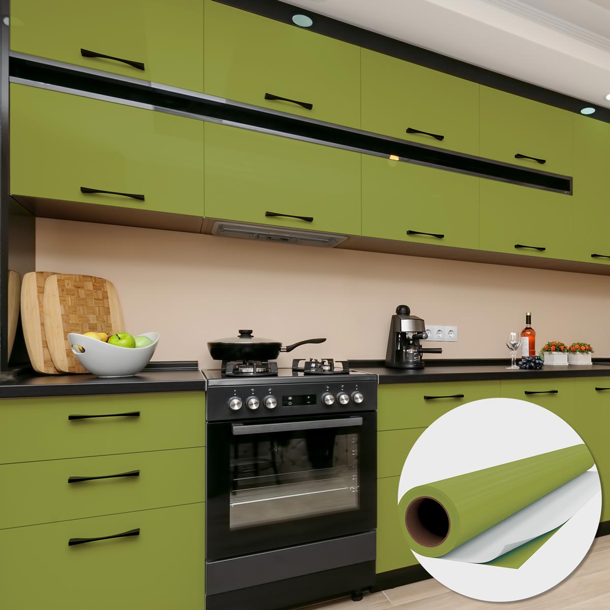 Rouleau adhésif Imperméable Vinyle au Mètre - Sticker Lavable Cuisine Meuble Armoire Porte - 60cmx1m - Vert olive - 4
