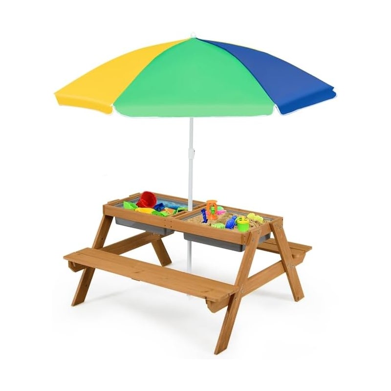 Dziecięcy stół piknikowy 3 w 1, stół ogrodowy z parasolem przeciwsłonecznym i ławkami, ze zdejmowanym blatem i 2 pudełkami do zabawy, zestaw