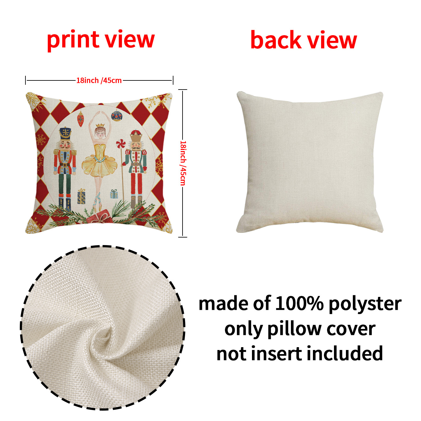 Set di 4 federe natalizie Schiaccianoci, decorazione da giardino, federe Merry Christmas in cotone e lino, 45 x 45 cm - 4