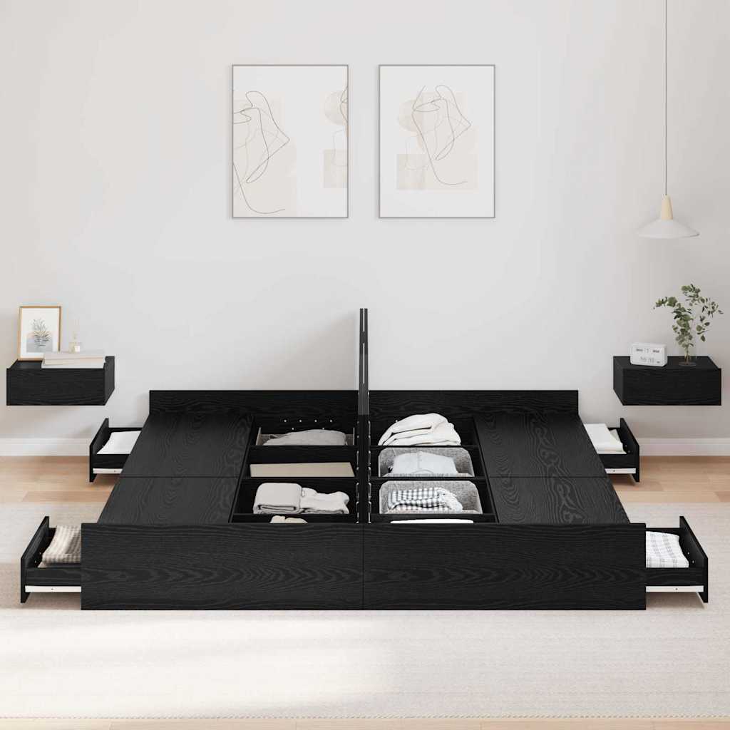 Cadre de lit avec rangement et tiroir, chêne noir, pour la chambre, 200 × 200 cm - 3