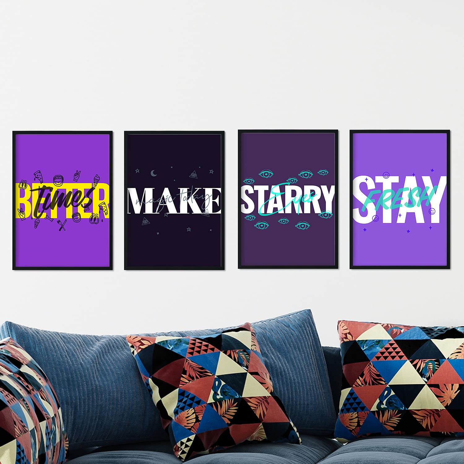 Set de láminas pack morado. pósteres con diseño de rotulo y mensajes motivacionales para el dia a dia. sin marco - a3