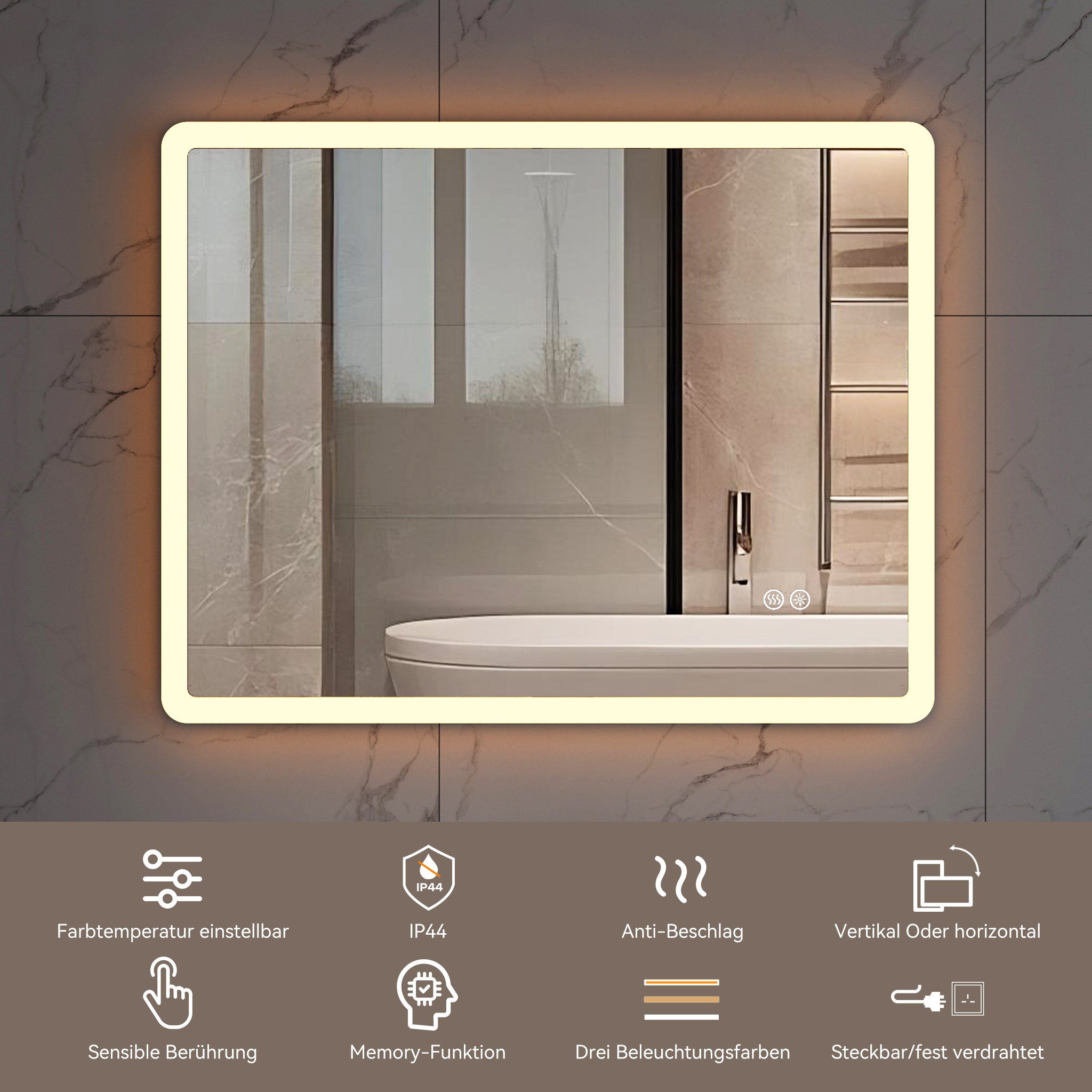 Specchio da bagno LED 50x70 cm, antiappannamento, dimmerabile, funzione memory, con pulsante Smart Touch HOROW - 4
