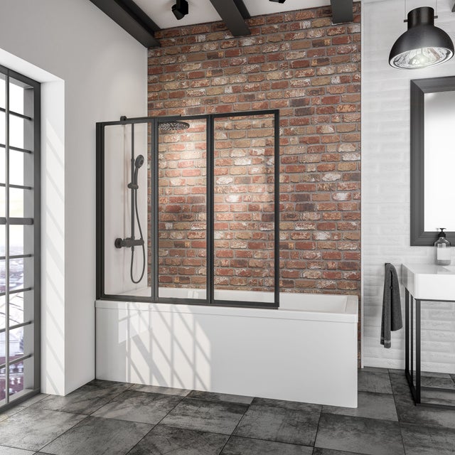 Schulte pare-baignoire, 127x120 cm, réversible, paroi de baignoire pivotante à coller, sans percer, rabattable, pliant, verre 3 mm, transparent, noir