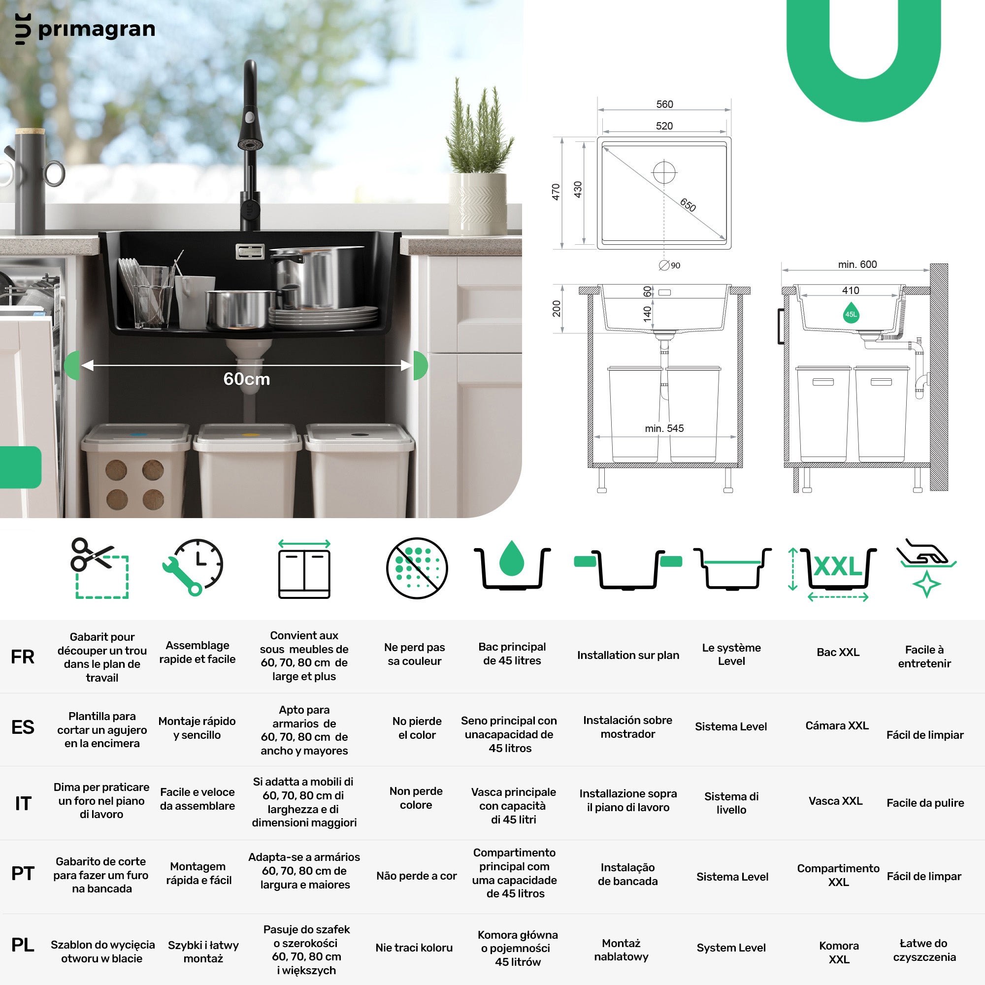 Lavandino da Cucina Nero 56x47cm, Lavello in Granito a 1 vasca + Sifone Classico + Accessori, Lavabo da Cucina Incasso al mobile 60cm PRIMAGRAN - 6
