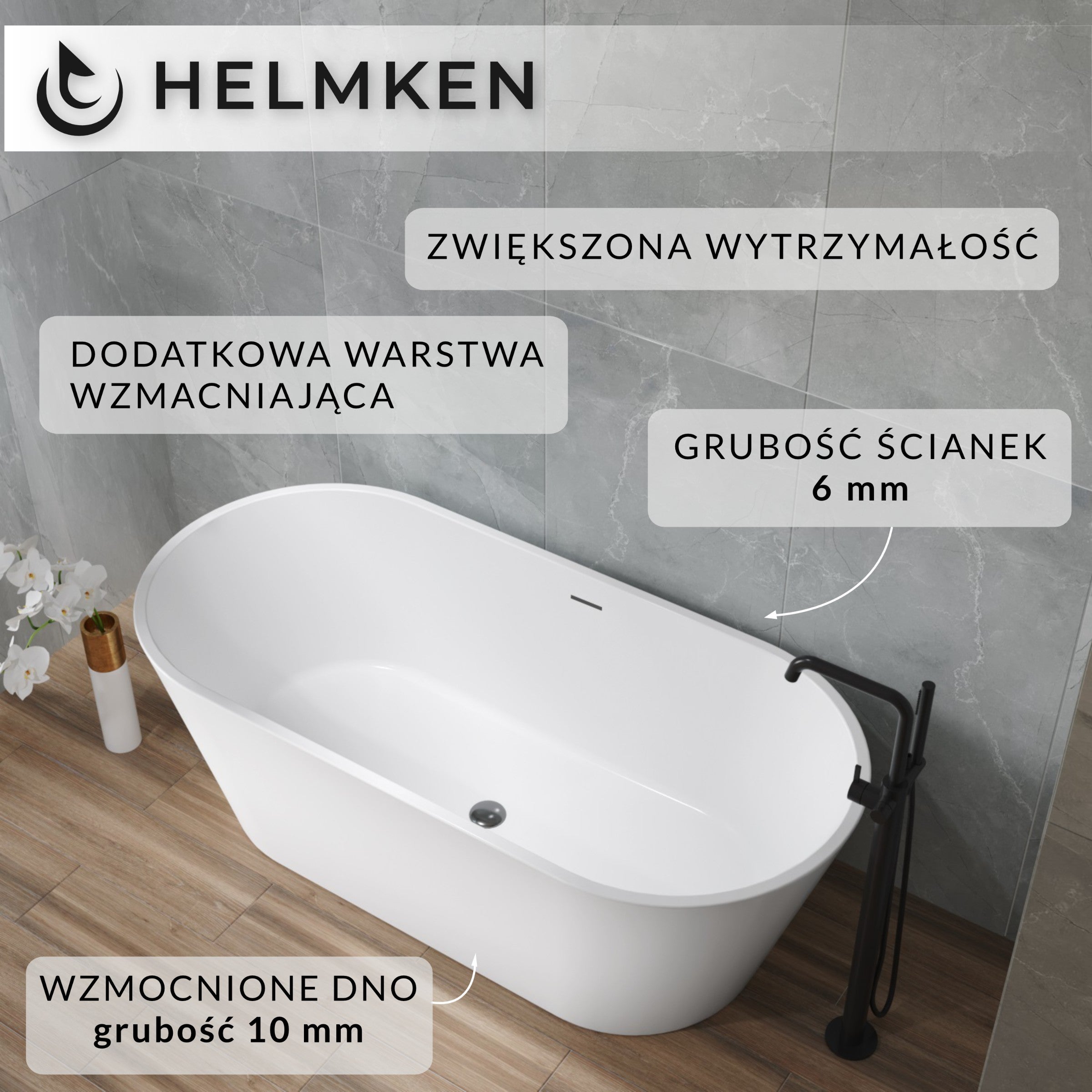 Wanna wolnostojąca akrylowa Helmken Raya 170 x 80 + Nóżki + Syfon / 31681570