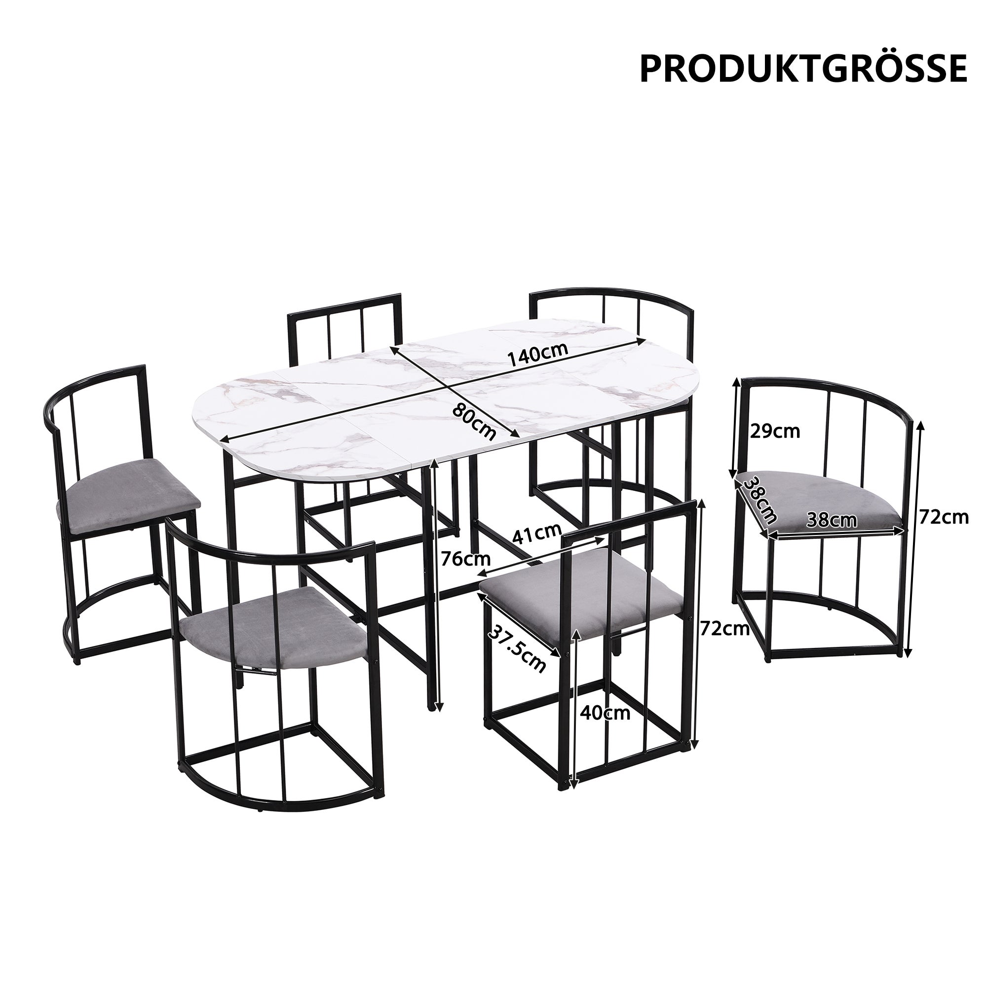 Set tavolo da pranzo con 6 sedie - 140 x 80 x 76 cm - MDF e gambe in metallo nero - Effetto marmo - Bianco + grigio - 7