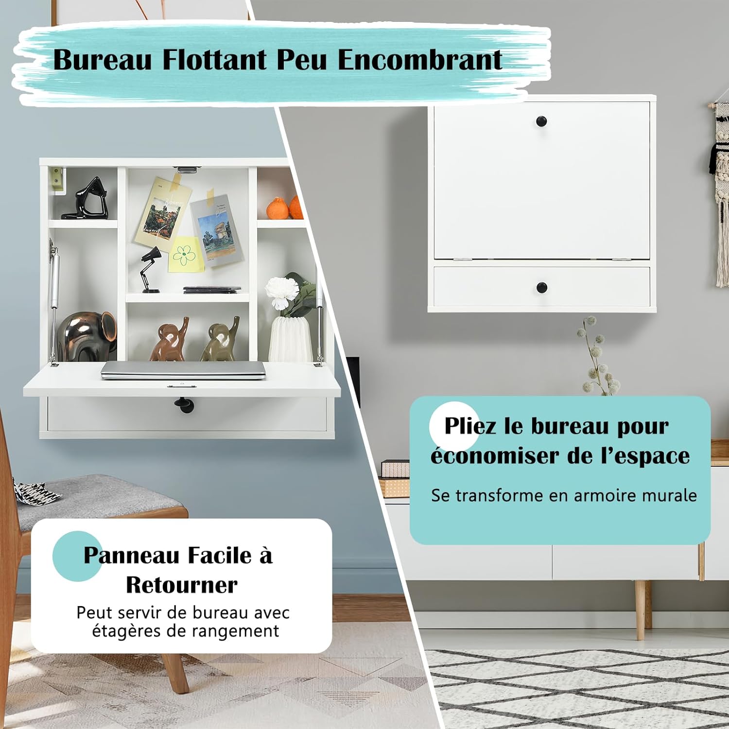 Bureau Mural Rabattable pour Ordinateur Portable, Table Murale avec Étagères Intégrée,Tiroir(Blanc) - 6