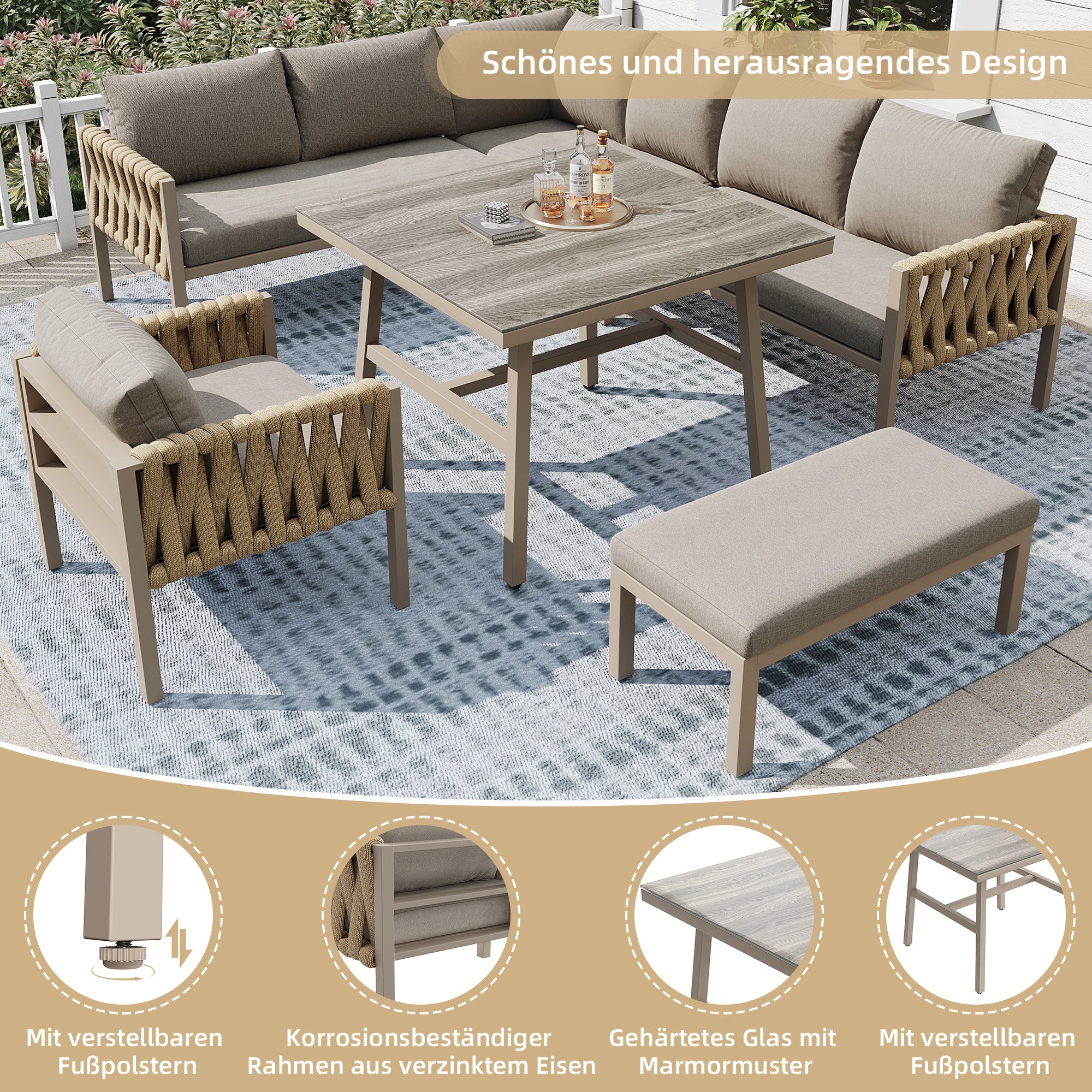 Conjunto de mobiliario de jardín de hierro forjado para 8 personas, pies de mesa regulables, con cojines de asiento y respaldo, beige - 7